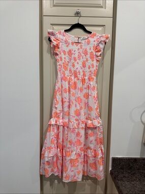 Vineyard Vines Pink and Orange Floral Ruffle Midi Dress